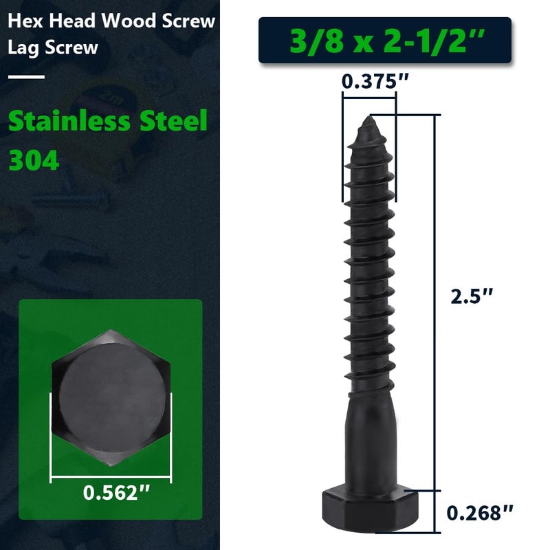 RoyceMart 10-Sets 3/8 x 2-1/2" Black Hex Head Lag Screws & Flat Washers, Heavy Duty Wood Lag Screws, 304 Stainless Steel (18-8), 3/8" Bolt - Image 2